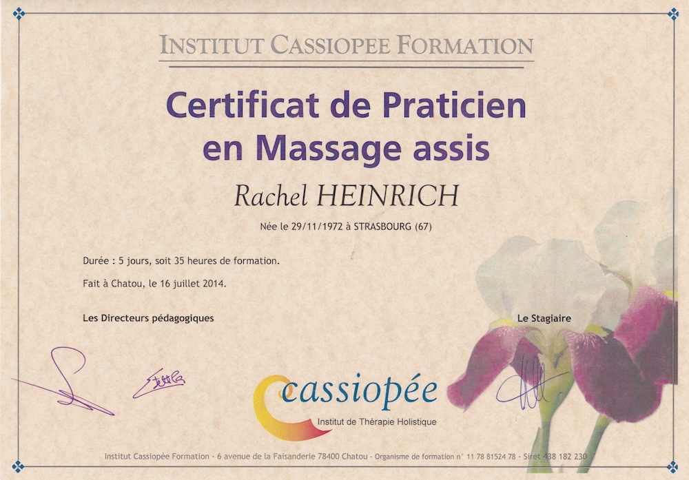 Massage - Certificat praticien massage assis Rachel Heinrich